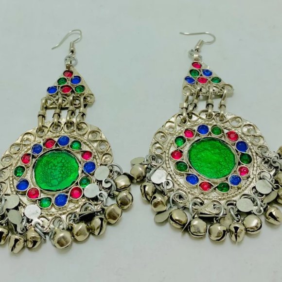 Afghan Kuchi Dangle Earrings: Silver Bells, Glass Stones, Boho Jewelry - Picture 5 of 7